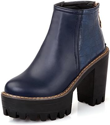 QueenFashion Womens Closed Round Toe High Heel Platform Chunky Heels Soft Material Solid Boots, Blue, 39