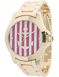 Womens Geneva Striped Anchor Style Gold Plated Metal Watch - Red