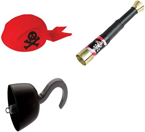 Red Pirate Scarf Cap, Toy Telescope, and Pirate Hook