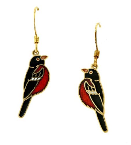 Hand enameled and gold plated Baltimore Oriole wire earrings
