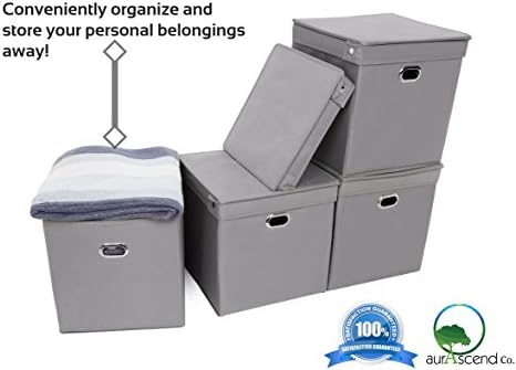 Foldable Collapsible Fabric Storage Basket Bin Cube with Lid and Two Side Dual Metal Eyelets Handles by aurascend Company - Best Decorative Closet Shelf Organizer Drawer System (6, Light Gray Cubes)