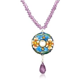 Sterling Silver Amethyst Beaded Necklace w/ Cloisonne Drop Pendant, 18"