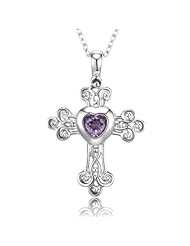 Sterling Silver and 0.40 ctw Brazilian Amethyst Vintage Cross with Heart Pendant