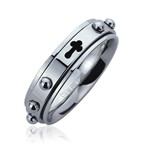 6MM Stainless Steel Wedding Band Ring Cross Engraved Rosary Spinner Praying Ring (5 to 14) For Unisex Men & Women