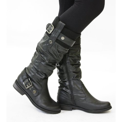 Womens Flat Biker Boots Ladies Wide Calf Boots Size 3 4 5 6 7 8