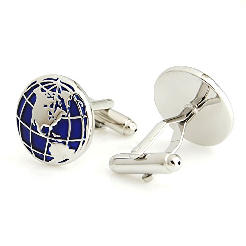 Zhenhui Silver Blue 2 PCS Mens Stainless Steel World Map Shirts Cufflinks