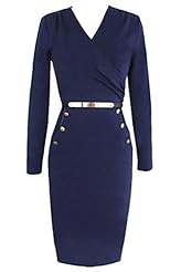 V-neck Belted Knee Length Wool Party Dress 