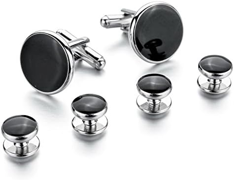 Men's Classic Round Tuxedo 2pcs Cufflinks and 4pcs Studs Set, Color Black Silver
