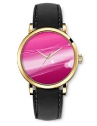 SPRAWL Aanalog Fashion Series Gold Ladies Watches of Genuine Black Leather Strap,Unique Wrist Watch for Women Girls Designed with Lines and circles on pink background