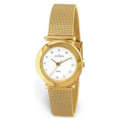 Skagen Women's 107SGGD Classic Swarovski Crystal Gold Tone Mesh White Dial Watch