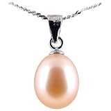 AugustinaJewelry Freshwater Cultured Oval Shape 8-9mm Pink Pearl Pendant, 16" Sterling Silver 1MM Cable Chain