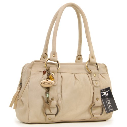 Catwalk Collection Leather Handbag - Biscuit (Cream)