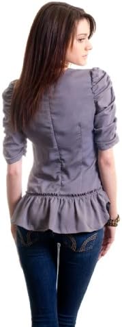 Dazly Women's Peplum Ruched Ruffle Hem Raw Edge Trim Top Blouse Gray S
