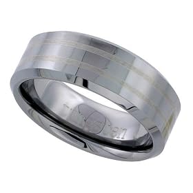 Tungsten 8 mm (5/16 in.) Comfort Fit Flat Wedding Band w/ 2 Stripes (Available in Sizes 5 to 14) size 5: Jewelry