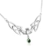Sterling Silver Celtic Claddagh with Trinity Knots and Emerald-Green Glass Stone Teardrop Adjustable 17" Necklace