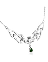 Sterling Silver Celtic Claddagh with Trinity Knots and Emerald-Green Glass Stone Teardrop Adjustable 17" Necklace