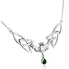 Sterling Silver Celtic Claddagh with Trinity Knots and Emerald-Green Glass Stone Teardrop Adjustable 17" Necklace