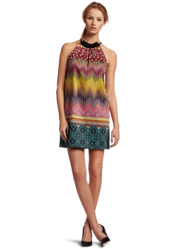 London Times Women's Petite Cap Sleeve Shift Dress,Black/Hot Pink,6