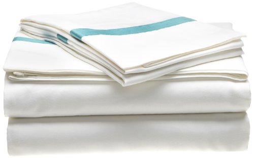 Impressions 300 Thread Count 100% Cotton, Hotel Collection, Deep Pocket, Single Ply, Queen Bed Sheet Set, White with Turquoise
