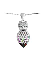 Original Star K (tm) Good Luck Owl Pendant with Pear Shape Rainbow Mystic Topaz in 925 Sterling Silver