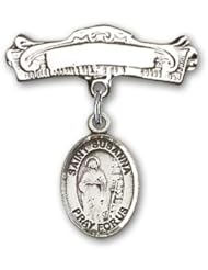 Sterling Silver Baby Badge with St. Susanna Charm and Arched Polished Badge Pin