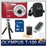 Olympus T-100 Digital Camera (Red), 12 Megapixels, 3x Optical Zoom, 2.4 LCD Monitor, 4 GB Memory Card, Card Reader, Deluxe Carrying Case, Tripod, and Lens Cleaning Kit