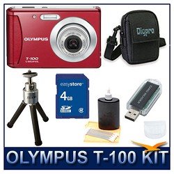 Olympus T-100 Digital Camera (Red), 12 Megapixels, 3x Optical Zoom, 2.4 LCD Monitor, 4 GB... by