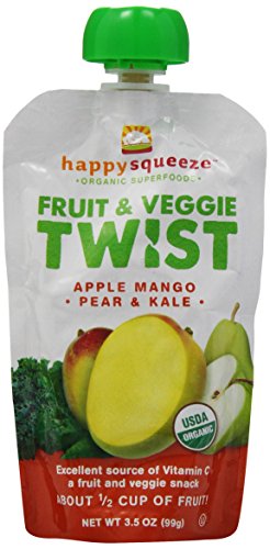 Happy Squeeze Organic Snacks, Twist Apple Mango Pear & Kale, 3.5 oz (Pack of 12)