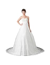 Strapless Lace  Floral Print Satin  Ball Gown Wedding Dress  with a Chapel Train 