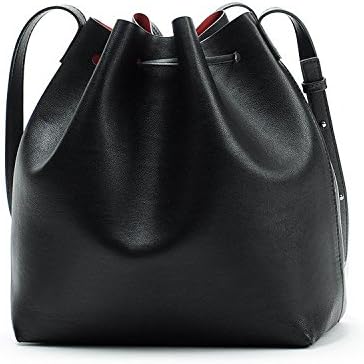 Women's Smooth High Quality PU Leather Black Drawstring Bucket Bag