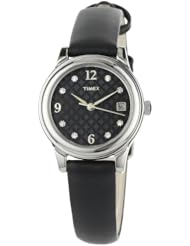 Timex Womens T2N450 Elevated Classics Swarovski Crystals Black Leather Strap Watch