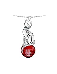 Original Star K (tm) Large Cat Pendant with 10mm Simulated Garnet faceted Ball in 925 Sterling Silver