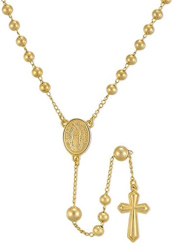 Lady De Guadalupe 20" 5mm Beaded Rosary Necklace 14k Yellow Gold Layered Brass Cross Pendant Rosary Necklace Catholicism Religious Gift Religious Necklace