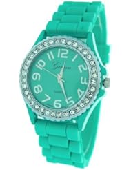 Aqua Ceramic Style Silicone Gel Band Crystal Womens Watch