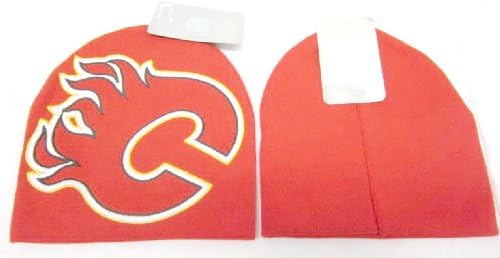 CALGARY FLAMES NFL Cuffless Super Size Logo "HYPE LOGO" Style Knit Beanie Hat Ski Cap in Team Colors