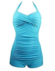 Apparel: Inspired Women Retro Boy-Leg One Piece Pin Up Ruched Monokinis Swimsuit Swimwear Sky Blue L (US:4-6)