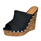 Black Denim Cork Wedge High Heel Shoes