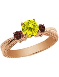 1.04 Ct Round Canary Diamond Red Garnet 14K Rose Gold 3-Stone Ring
