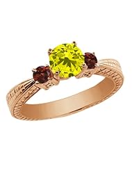 1.04 Ct Round Canary Diamond Red Garnet 925 Rose Gold Plated Silver 3-Stone Ring
