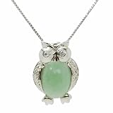 Sterling Silver Green Chinese Jade Owl with Cubic Zirconia Pendant