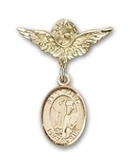 Gold Filled Baby Badge with St. Elmo Charm and Angel with Wings Badge Pin