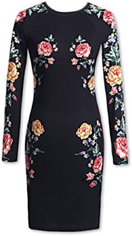 Aokdis Women Black Floral Bodycon Long Sleeve Club Party Dress (L)
