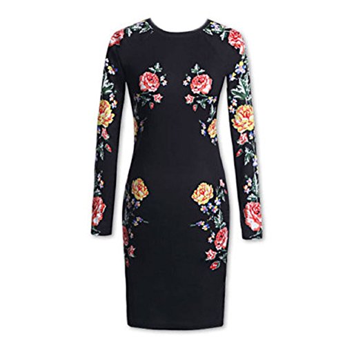 Aokdis Women Black Floral Bodycon Long Sleeve Club Party Dress (L)