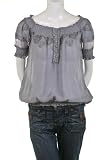 DV & DN Embroidered Smocked Boho Peasant Blouse Bohemian Top Gray