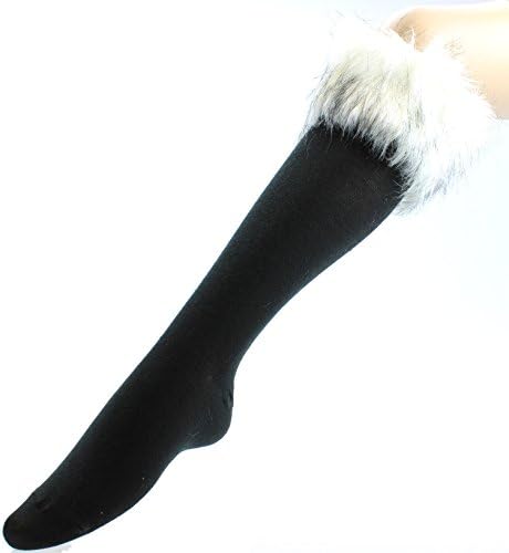 Q Collection® Womens Faux Fur Leg Warmer Fur Cover Cuff With Poms Snow Boots Shoes (Fuzzy Fur Stocking - White w/ Black)