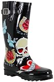 Chooka Black Tattoo City Rubber Rain Boot with Skull, Heart, Horseshoe and Dove Design, Ladies...