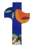 Hand Painted Wood Cross- Dove with Blue Background- 9.8 inch. / 25 cm.