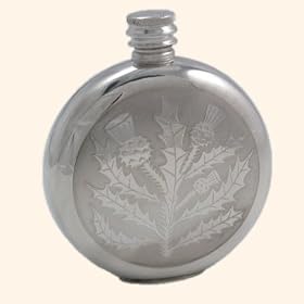 Pewter round hip flask with Thistle pattern