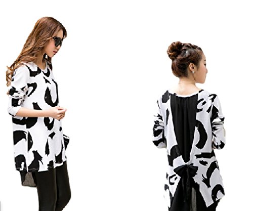 2015春 丈長 裾長 バックリボン シフォン モノトーン ゆるフワ 甘辛MIX ラウンドテイル 韓国 長袖 Tシャツ カットソー ブラック ホワイト M L XL