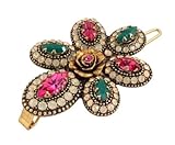 Vintage Style Michal Negrin Charming Hair Brooch Beautifully Crafted with a Gold Hand Painted Rose in the Middle and Round and Marquise Shaped Fuchsia, Green and Light Gray Swarovski Crystal Accents - Special Ordered and Shipped by Genuvo within 2 to 3 Weeks